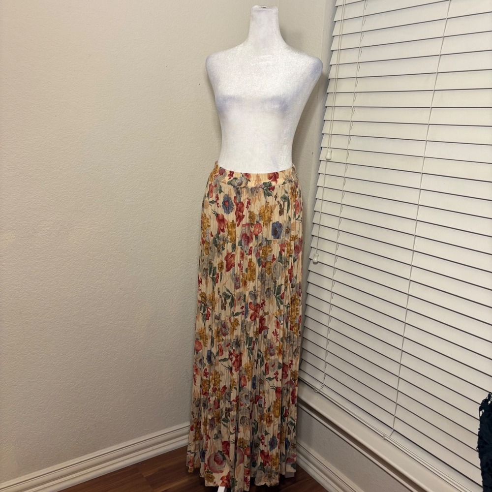 Vintage 90s Cream Floral Maxi Skirt Pleated Crinkle Cottagecore Grandma Size L